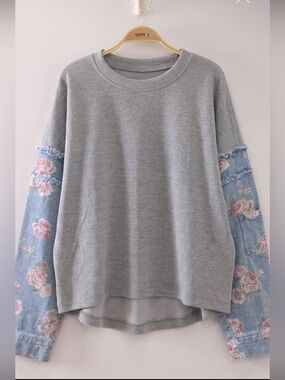 Denim vintage rose floral sleeve contrast sweatshirt boho sweater jacket top